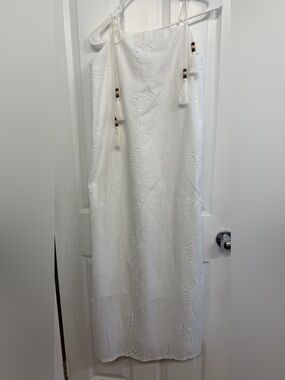 White Embroidered Tassel Strap Maxi Dress